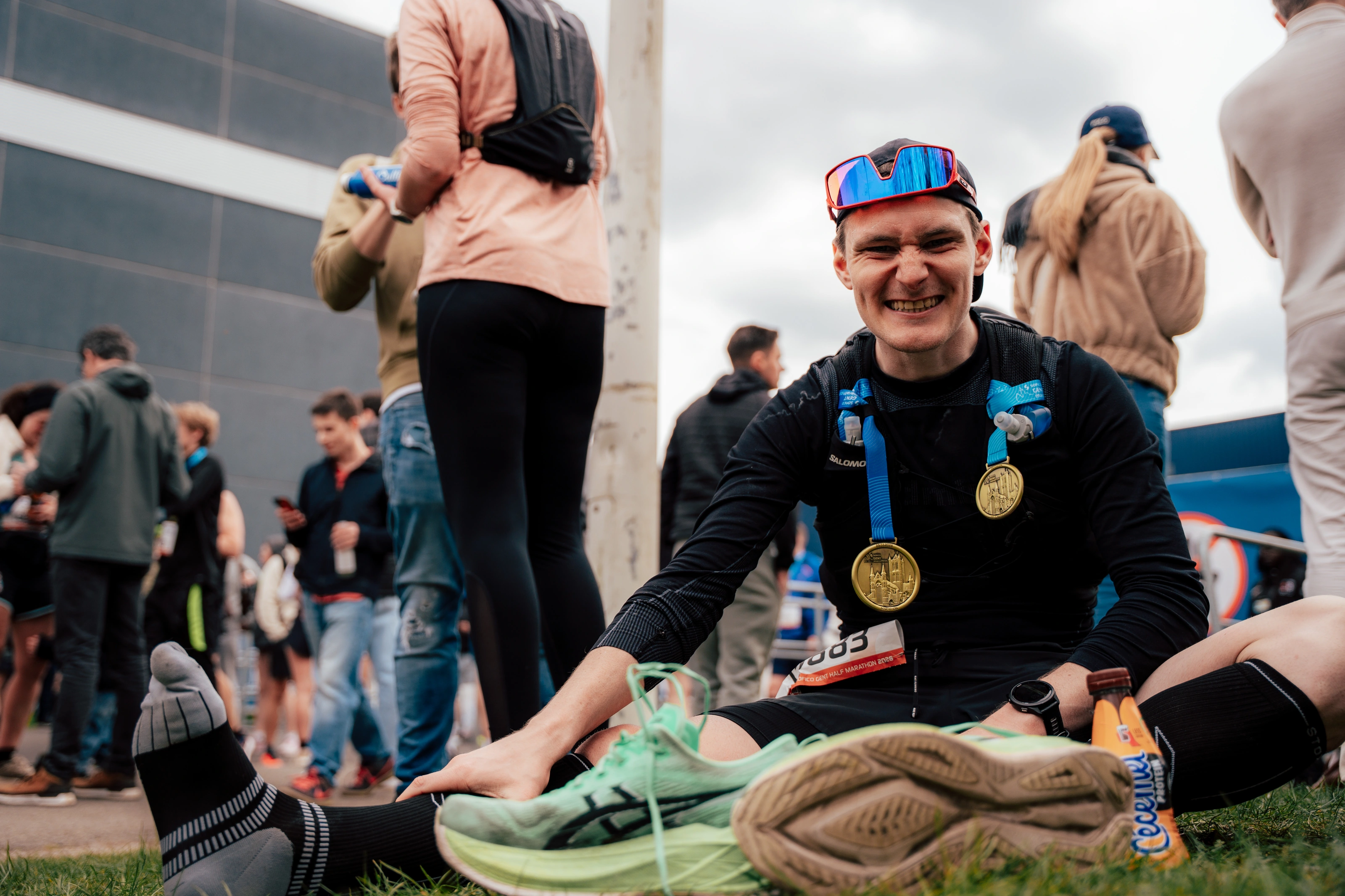 Stephen resting with his medals after an endurance event